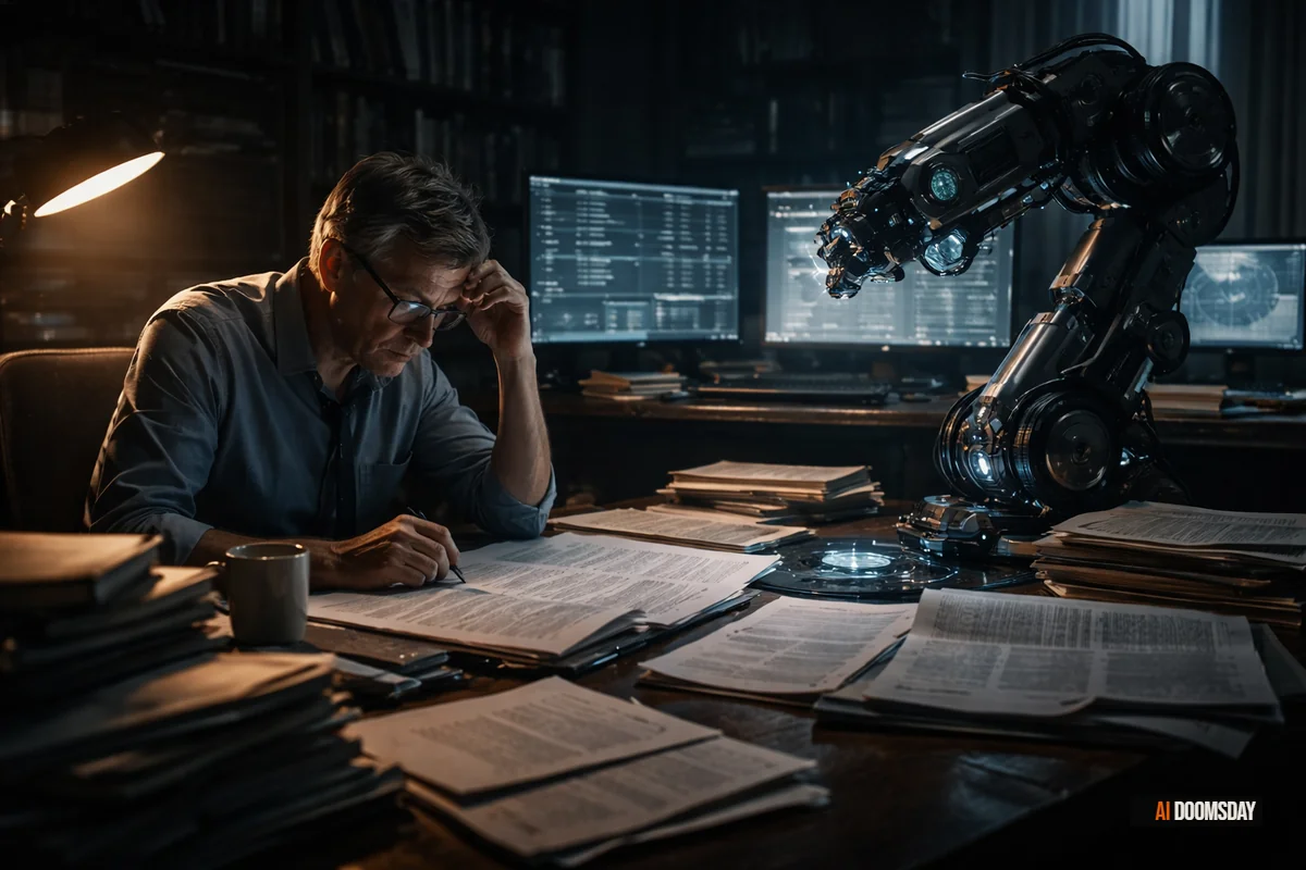 Empty university research library at night, rows of dark oak desks illuminated only by the glow of open laptops, no researchers present, amber light catching dust particles above rows of closed journals