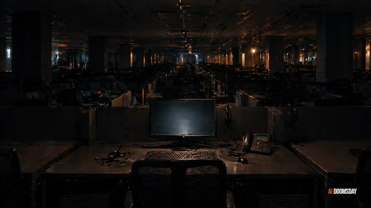 Empty corporate call center at night, rows of silent desks, one monitor glowing faintly in obsidian darkness, burnt amber accent lighting, disconnected headsets, charcoal surfaces stretching into vanishing point