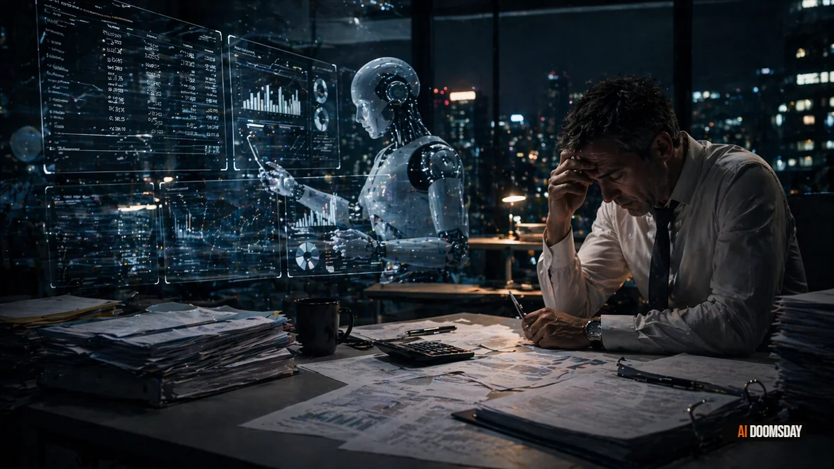 Accounting office late evening, neat stacks of ledgers on charcoal desk, warm amber overhead light creating dramatic shadow, obsidian walls, closed filing cabinets, high-contrast cinematic composition