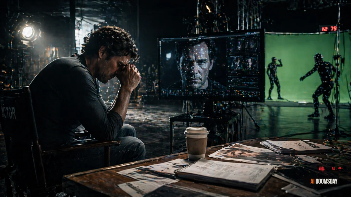 Abandoned film studio soundstage at night, empty spotlight stand, coiled cable on dark floor, burnt orange gel light catching dust particles, obsidian walls receding into shadow, single chair in silhouette