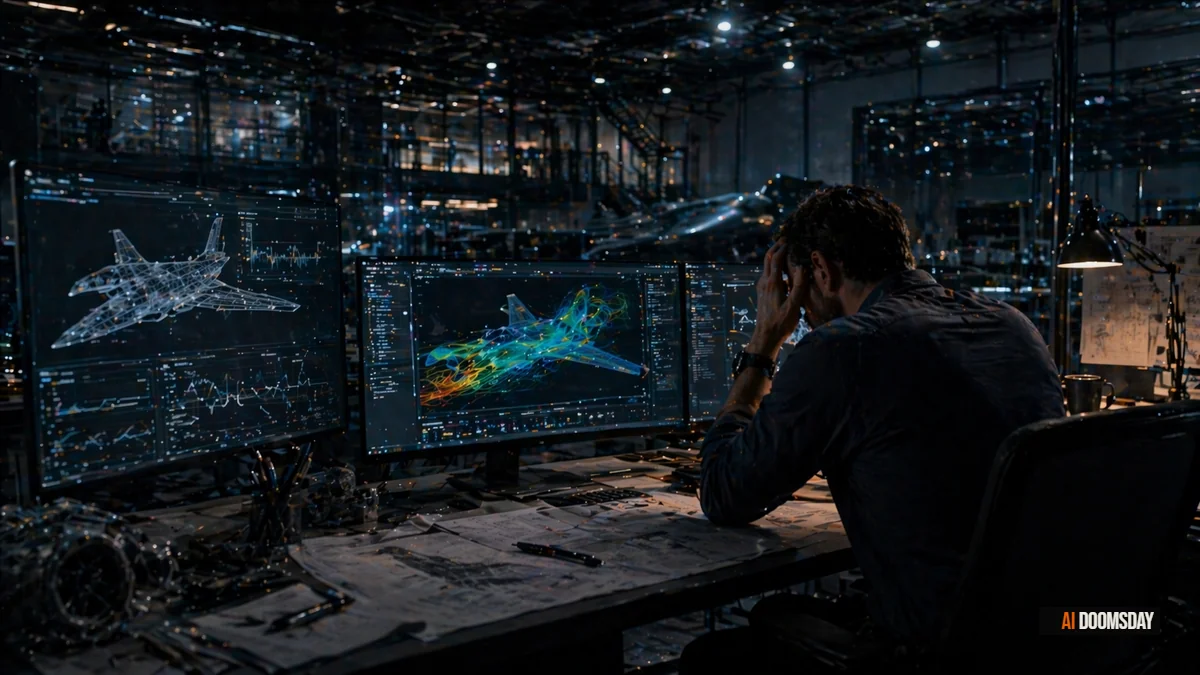 Aerospace engineering workspace at night, large monitor displaying complex aircraft blueprint, obsidian walls, cool blue and amber lighting, dramatic high-contrast cinematic composition, empty desks around one active workstation