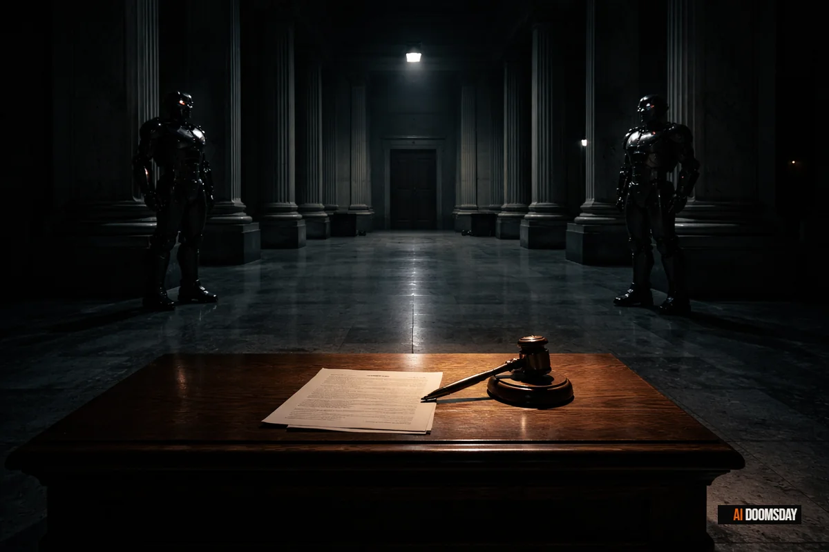 Dark editorial image of a courthouse corridor at night, stone columns casting long shadows, a single document on an empty bench illuminated by cold amber light, no human presence, cinematic and foreboding