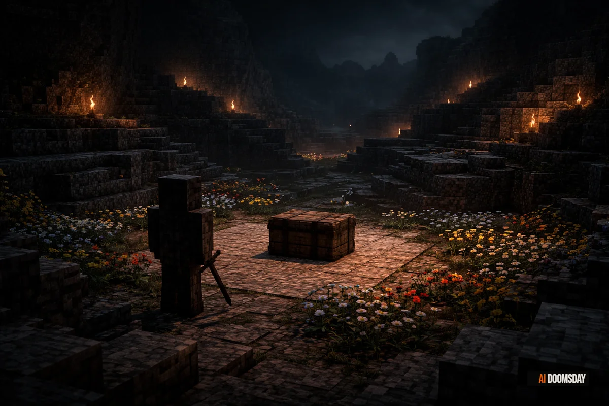 Thousand glowing AI agent icons scattered across a dark Minecraft landscape at night, amber torchlight reflecting on blocky terrain, a lone sentinel figure standing guard before a stone treasury, distant hills receding into obsidian darkness