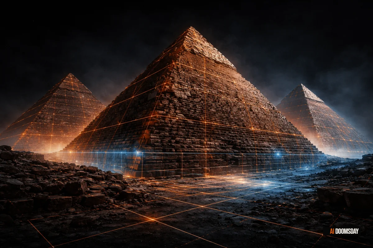 Ancient stone ruins emerging from deep darkness, illuminated by precise digital scanning light in amber and blue tones, inscriptions and architectural details revealed in high contrast against obsidian shadow