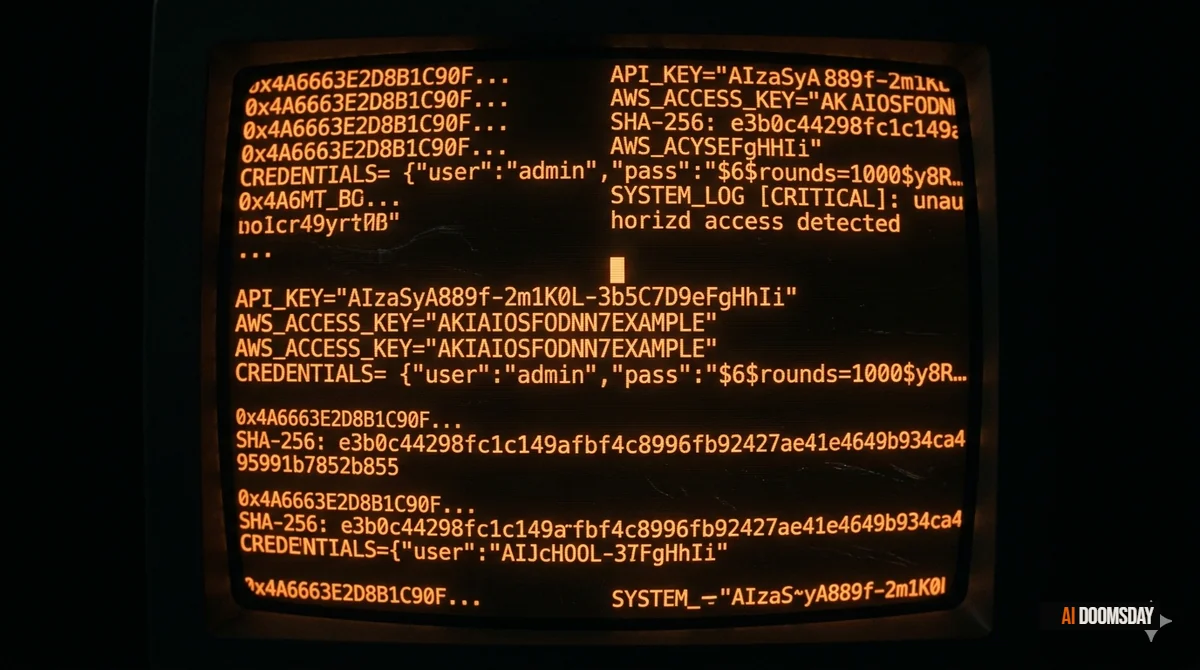 Dark terminal screen with fragments of exposed API keys and credentials visible in cascading code output, ember orange cursor blinking against obsidian background