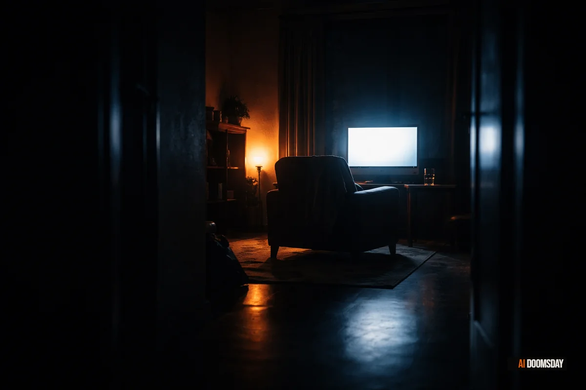 A solitary figure silhouetted against a softly glowing screen in a dark room, the blue-white light the only source of warmth, surrounding darkness absolute, the space between the figure and the door behind them vast and empty