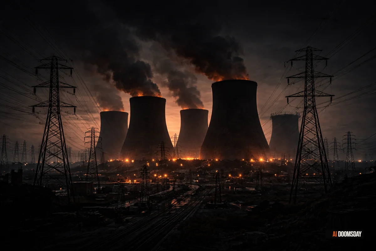 Massive industrial cooling towers silhouetted against an obsidian sky at dusk, steam rising into darkness, high-voltage transmission lines converging at the horizon, ember orange emergency lights glowing at the base of the infrastructure