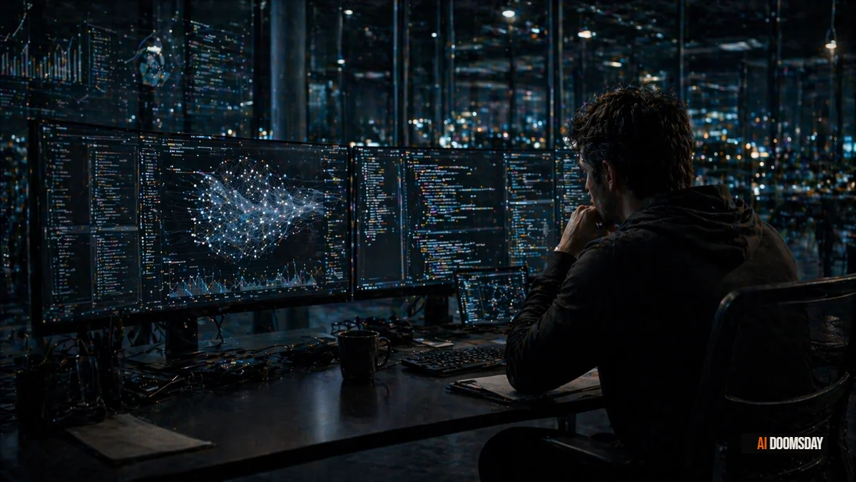 Dimly lit server room, blue and amber indicator lights reflected in dark floor, dense cable architecture overhead, cinematic long exposure, high-contrast editorial composition