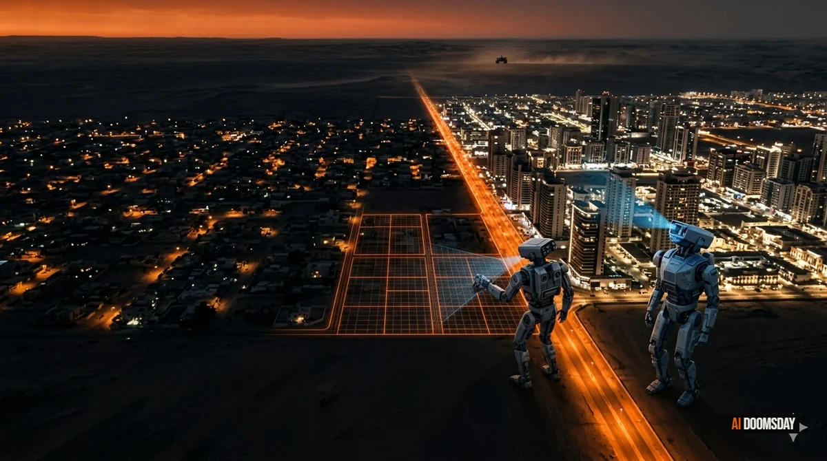 Vista aerea notturna di un quartiere urbano diviso da una linea di luce ember orange che separa zone illuminate da zone nell'oscurità, sfondo obsidian black, atmosfera cinematica e distopica, nessuna persona