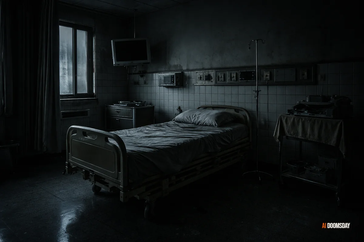 A lone patient silhouette seated in a dimly lit hospital corridor, a glowing diagnostic terminal in the background casting cold algorithmic light against obsidian walls, no human staff visible