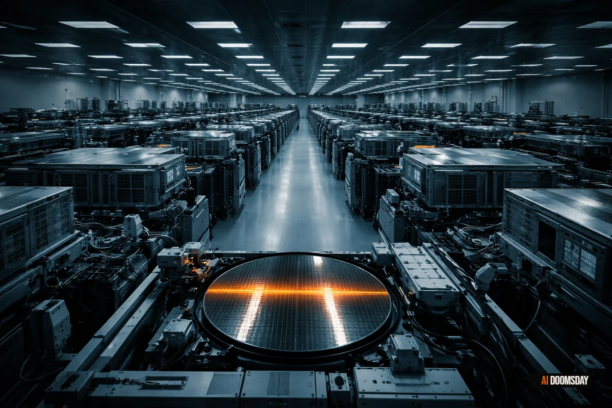 Vast semiconductor cleanroom viewed from above, empty of workers, fabrication equipment lit in cold blue-white with a stripe of ember orange reflected across silicon wafer surfaces