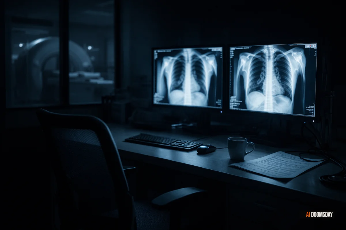 Hospital radiology suite abandoned at the end of a shift, two large diagnostic monitors glowing with a greyscale chest scan, no operator present, overhead lights dimmed to standby, room bathed in cold ash-blue light from the screens, empty chair in foreground