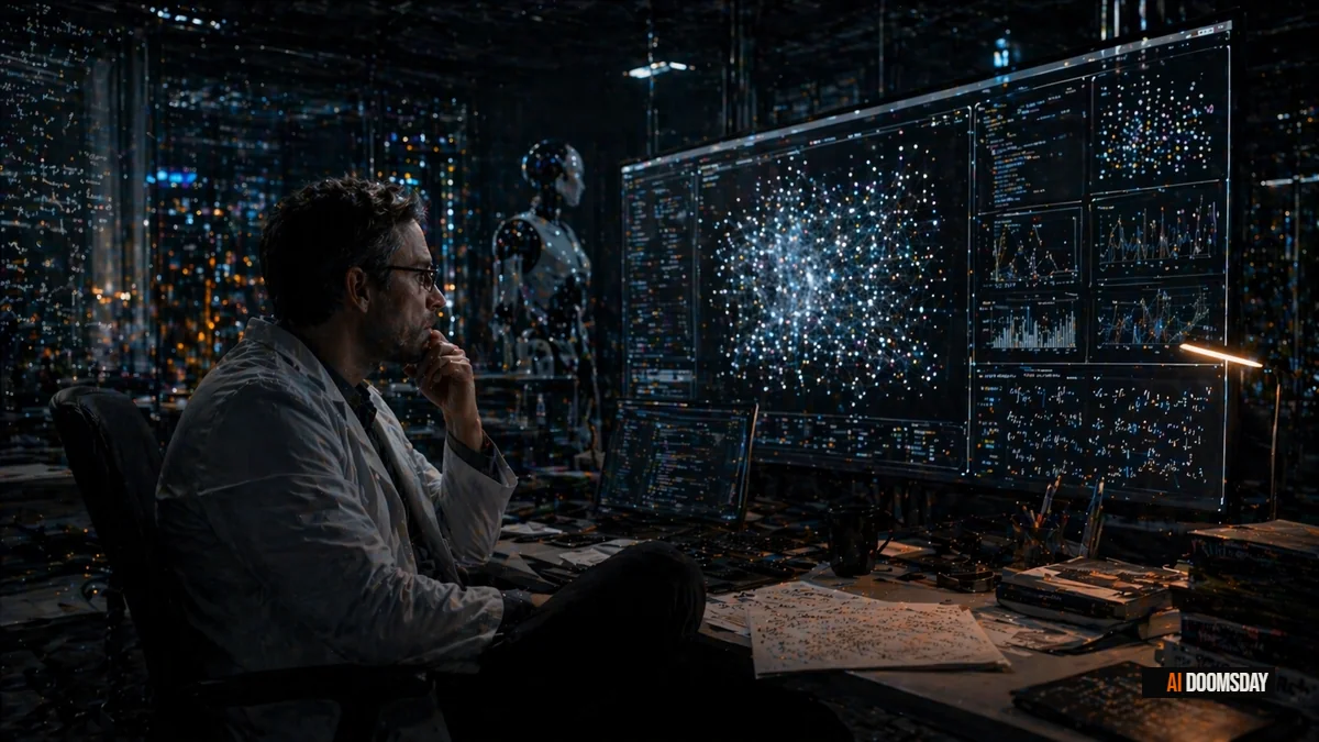 Sparse research lab at night, dual monitors displaying loss curves and gradient visualizations, scattered mathematical notation on a whiteboard behind, single overhead light, deep shadows at the edges, cinematic obsidian atmosphere