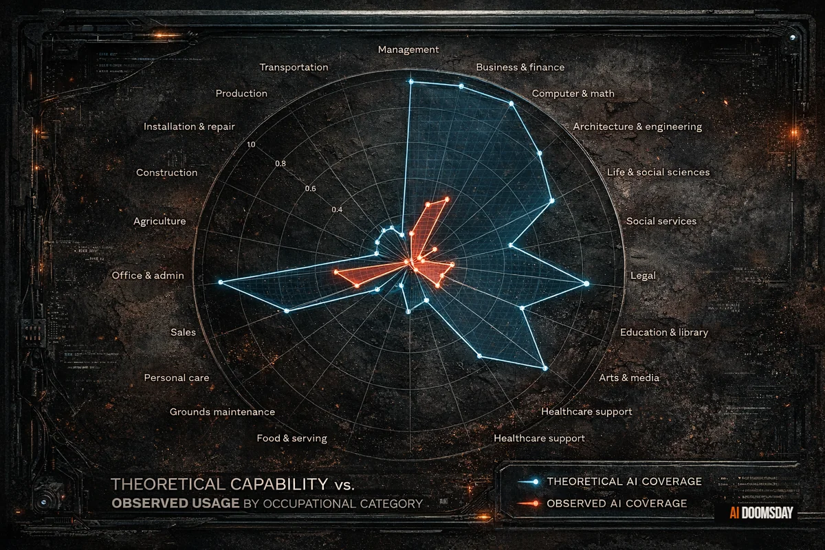 Long empty corridor in a modern office building at dusk, fluorescent lights reflected on polished concrete, most workstations dark, a single desk lamp burning at the far end