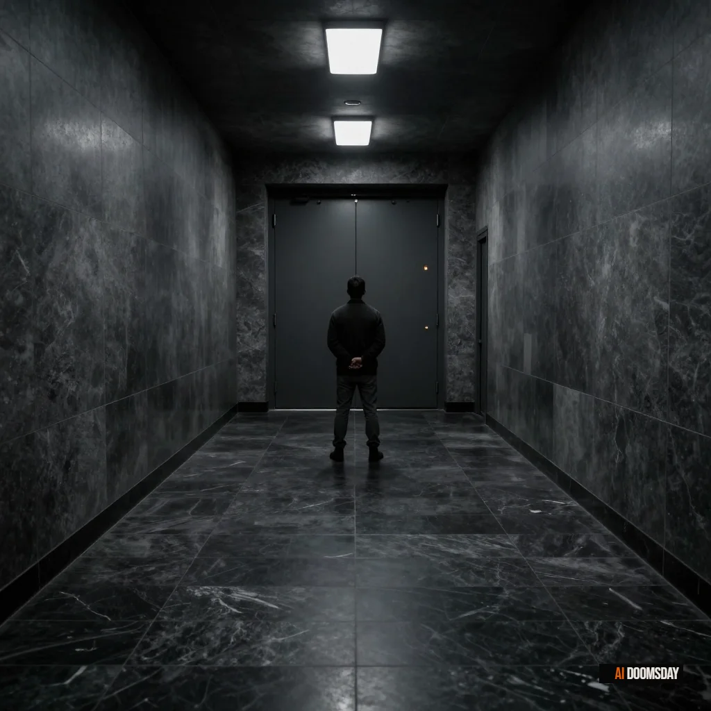 Empty federal courtroom at dusk, wooden benches receding into darkness, single amber overhead light on the vacant judge's bench, door ajar with thin line of cold white light, no human presence