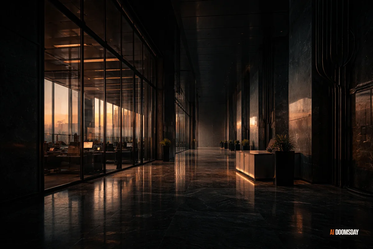 Vast minimalist office tower lobby at dusk, receding into darkness, sleek marble and glass surfaces catching last amber light, cables and infrastructure running up the exterior walls