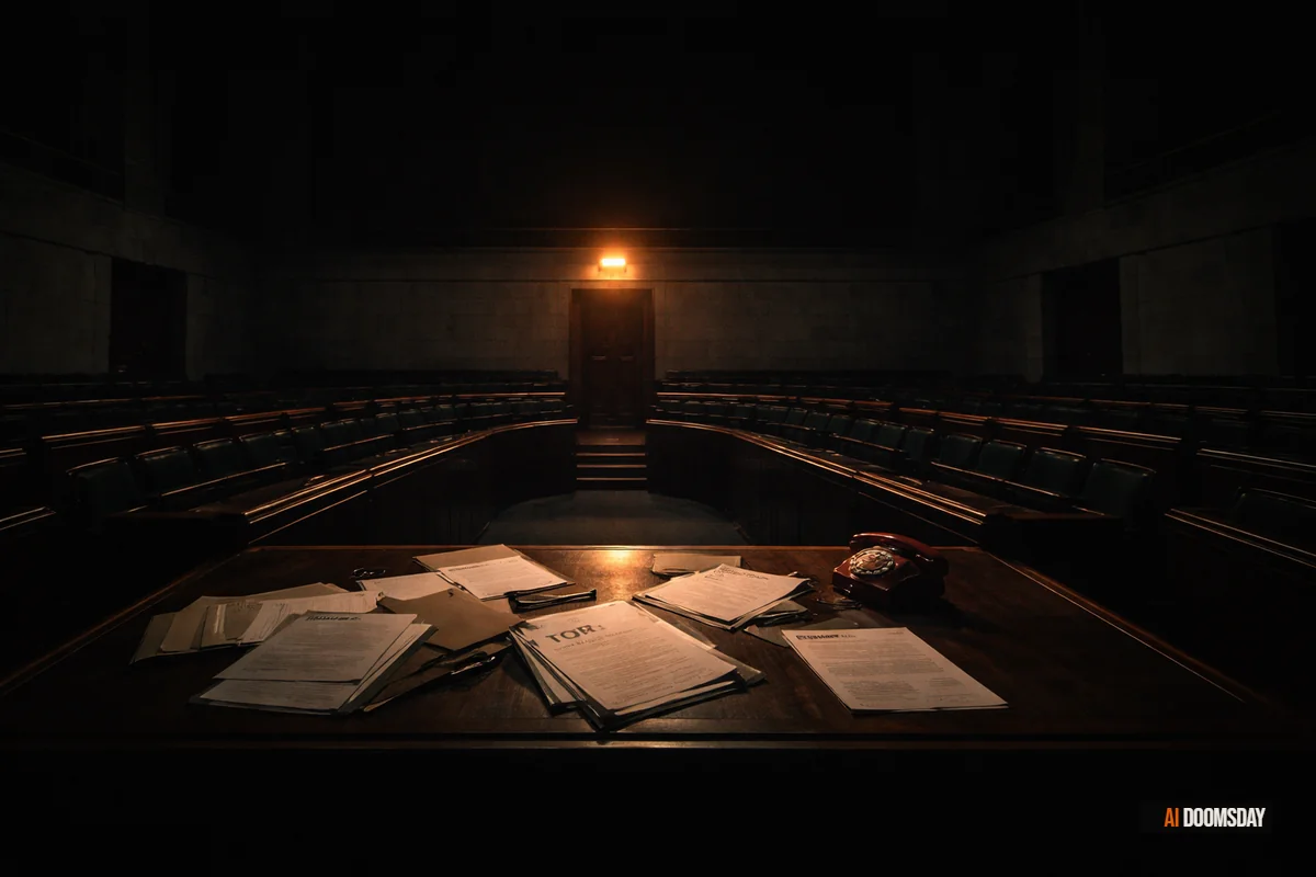 Dimly lit parliamentary chamber with scattered emergency briefing documents on a dark wooden desk, a single red telephone in shadow, emphasizing institutional solitude during an invisible AI crisis