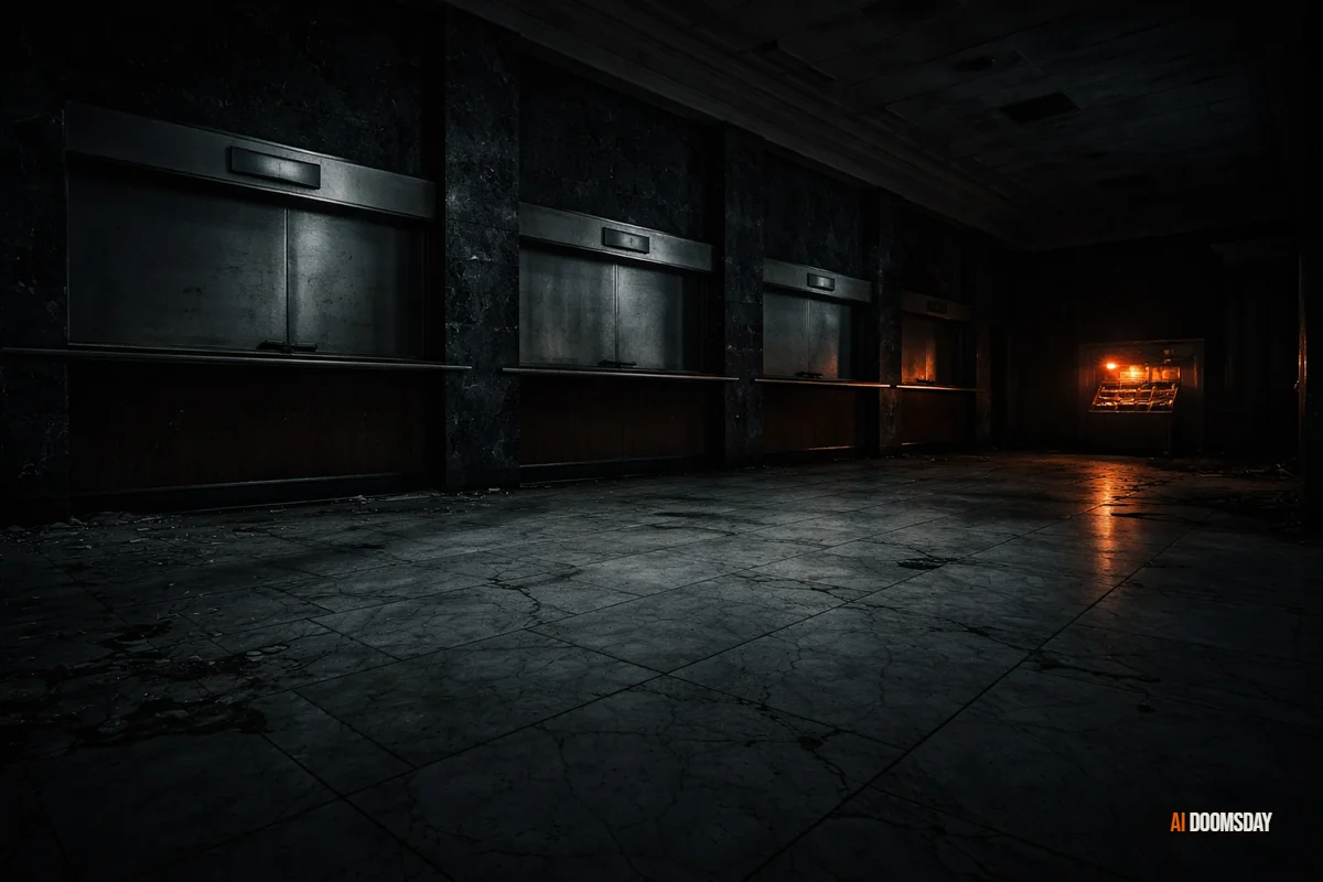 Derelict banking hall with cracked marble floors, teller windows sealed with brushed steel plates, amber console light glowing in the far corner across ash gray stone