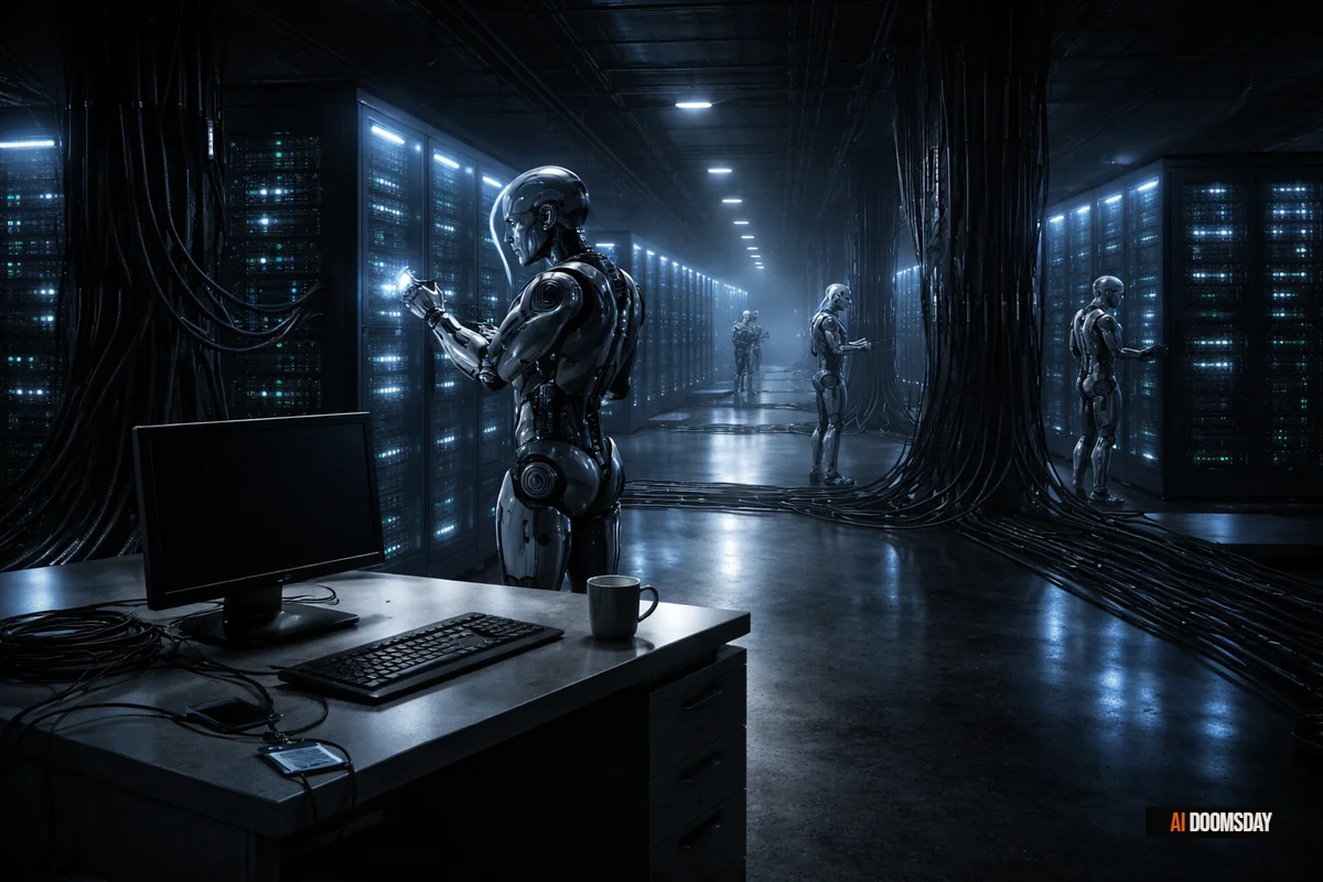 Vast server room interior at night, cold blue-white lighting illuminating towering racks of hardware, a single operator's desk in the foreground abandoned, security badge and empty coffee cup left behind, cables running floor to ceiling