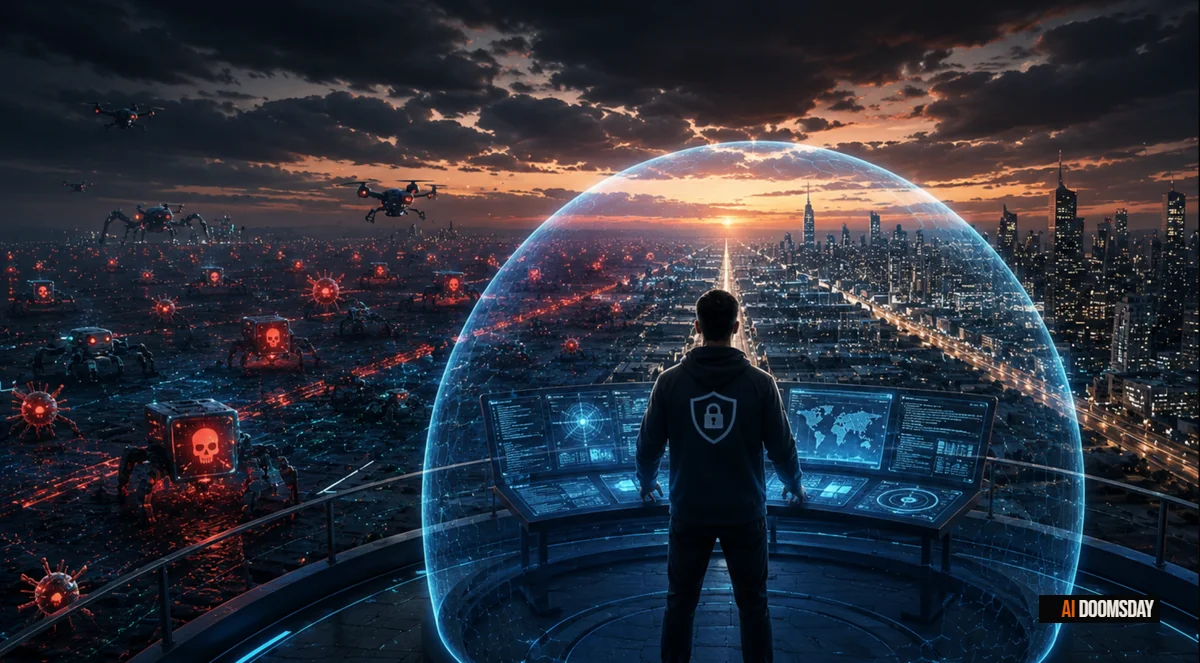 A silhouetted figure at a holographic security console on a rooftop, facing a glowing dome shield that separates a lit city skyline from a swarm of red-eyed drones and skull-marked malware constructs