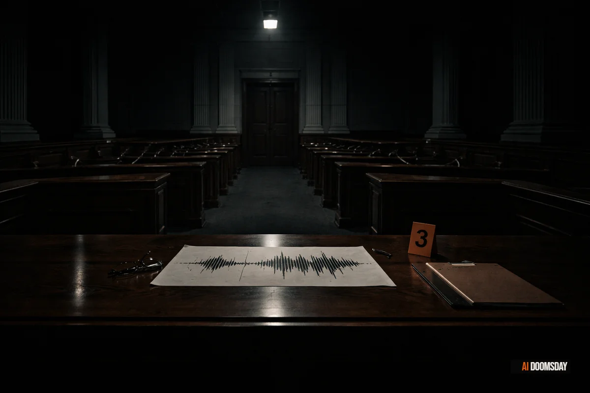 Dark courtroom interior under dramatic amber light, a fractured digital waveform projected on a judge's bench, fragments of sound and video dissolving into static — obsidian black atmosphere with ember orange glow