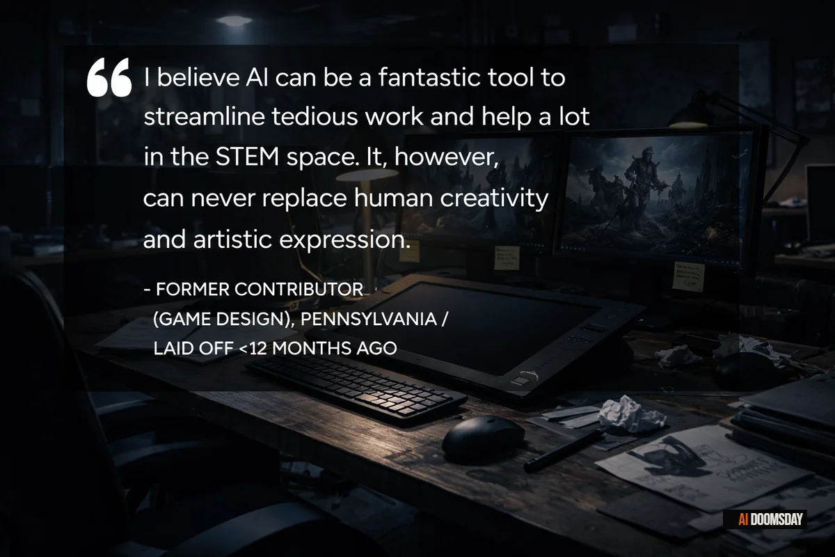 Empty artist workstation in a dimly lit game studio, abandoned digital tablet on a desk