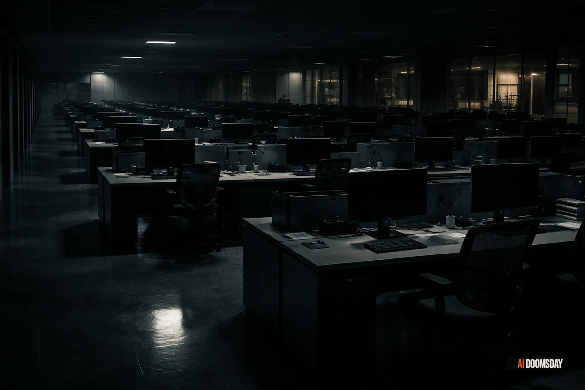 Vast open-plan office stripped of workers, rows of empty desks receding into darkness, a single desk lamp casting amber light across abandoned monitors, floor-to-ceiling windows reflecting a grey urban skyline