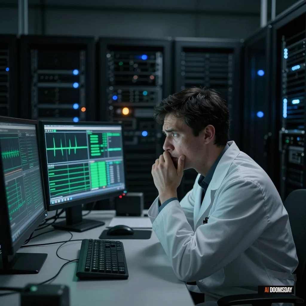 Vast server room seen from above at slight angle, rows of black hardware lit by cold blue diagnostic lights, single evaluation terminal in foreground showing flat green readout, ember-orange indicator light in far distance, no human figures