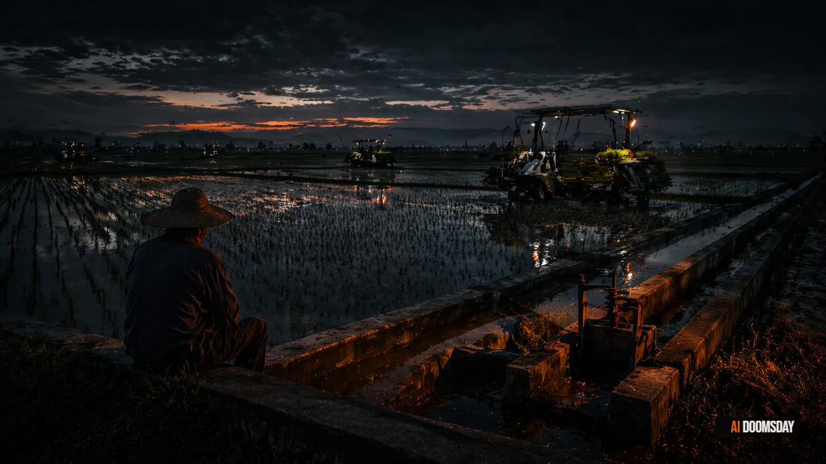 Vast terraced rice fields at dusk in rural Japan, empty — no farmers visible, a single autonomous harvesting machine moving along a distant ridge, amber sky above obsidian mountains, cinematic and desolate