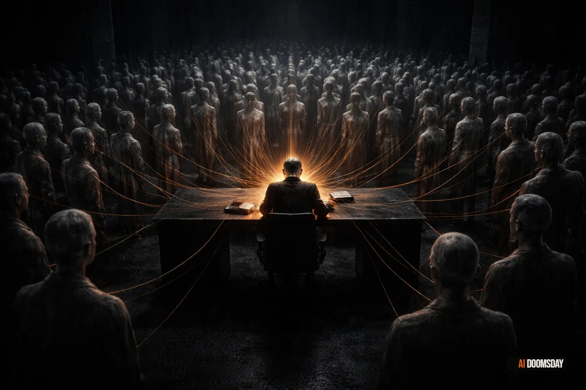 Solitary figure at desk surrounded by architectural multiplicity of gray-charcoal workstations against obsidian darkness