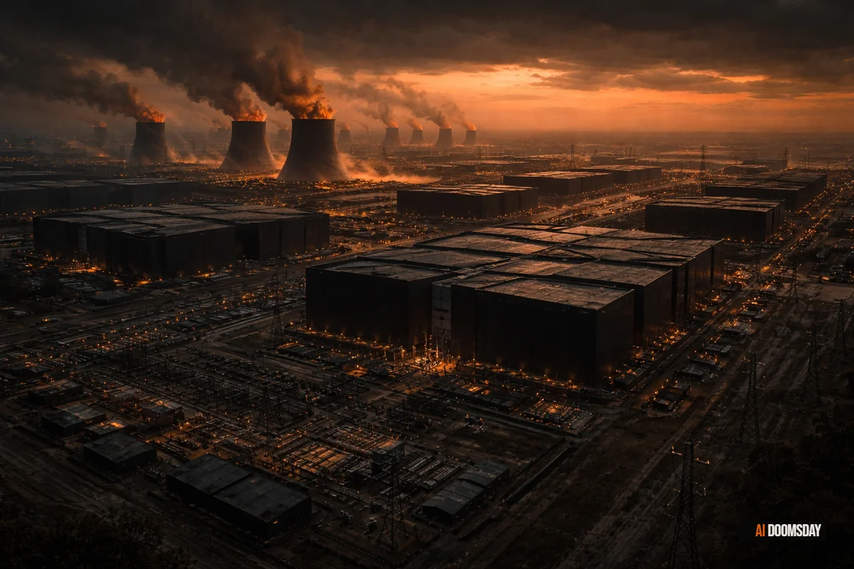 Vast aerial view of industrial data center structures across Louisiana flatlands at dusk, ember orange cooling glow against obsidian sky
