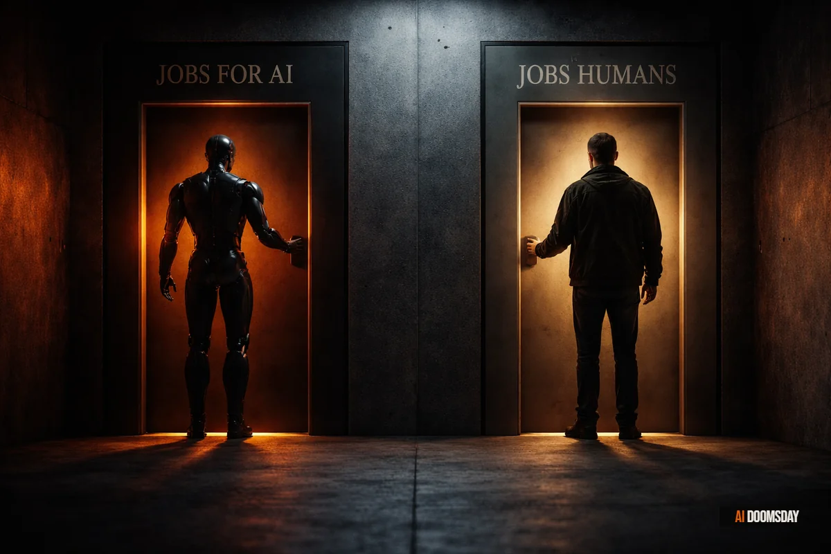 Empty corporate office at night split against a warm industrial workshop, cold charcoal surfaces on one side, worn tools catching ember light on the other