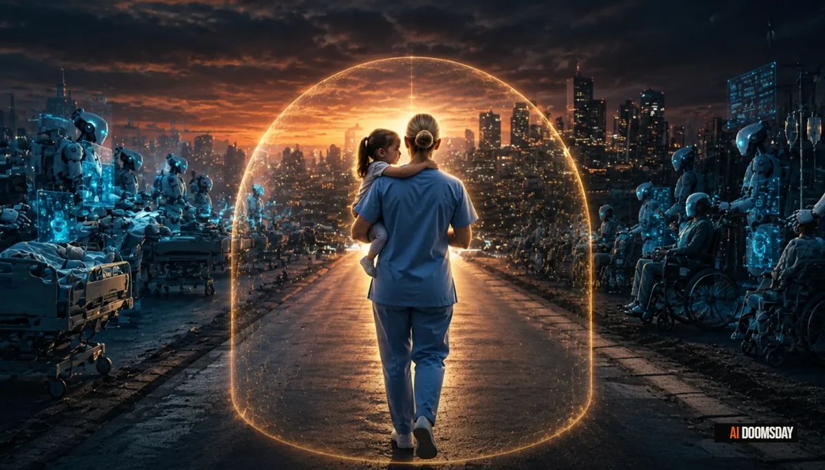 A nurse in scrubs carrying a child through a glowing archway on a dusk street, flanked by robotic figures and hospital equipment against a futuristic city skyline