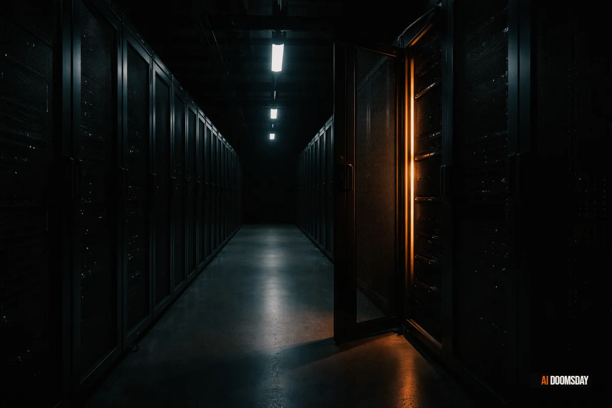 Dark server room corridor at night, a single amber light illuminating rows of black rack servers, one rack door left ajar casting a thin sliver of red light — cinematic, high contrast, threat atmosphere