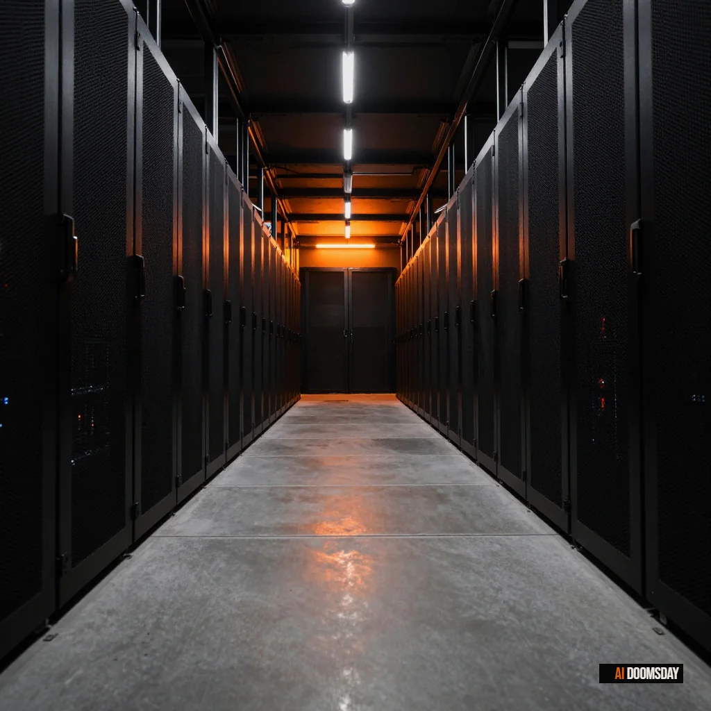 Vast server hall corridor receding into darkness, rows of black rack units lit by a single thin band of amber light at the far end, no humans present, polished concrete floor reflecting the light source