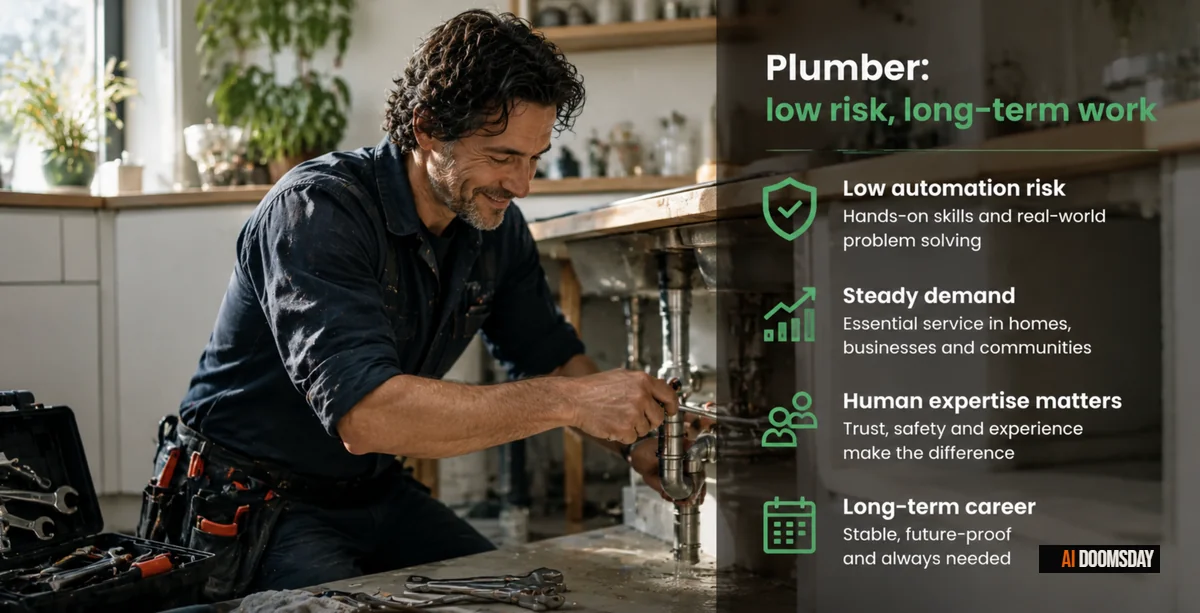 A plumber repairing pipes under a kitchen sink, with an overlay reading 'Plumber: low risk, long-term work' and icons for automation risk, demand, expertise, and career stability