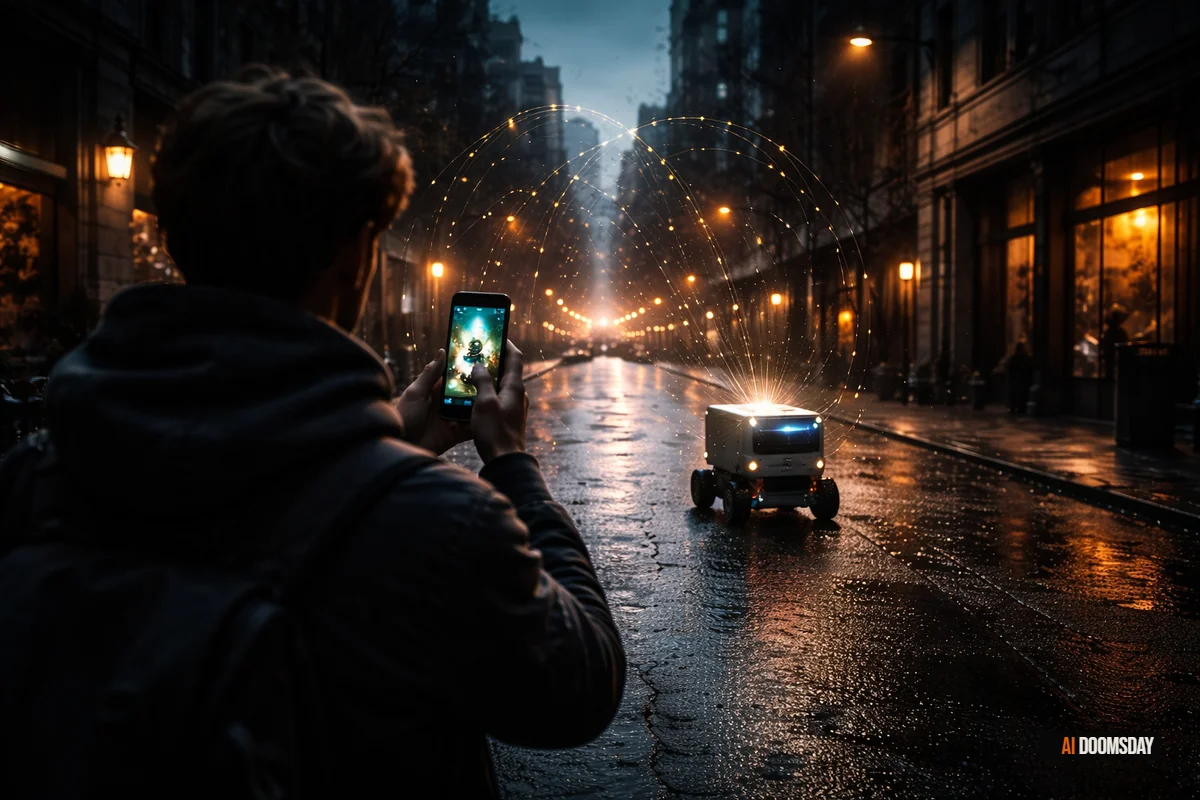Smartphone app screen glowing over dark urban street, autonomous robot delivering goods below, invisible data extraction